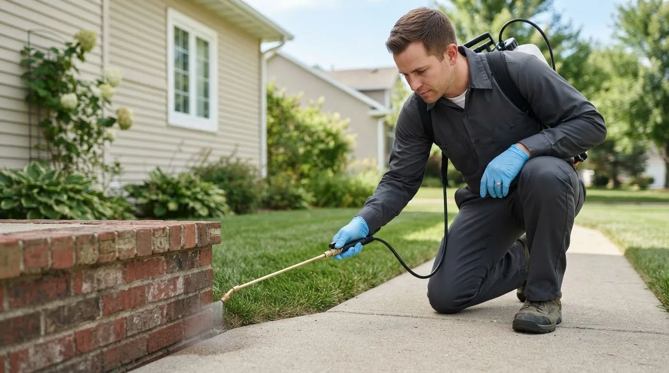 Pest control technician treating a home near Mansfield, WA
